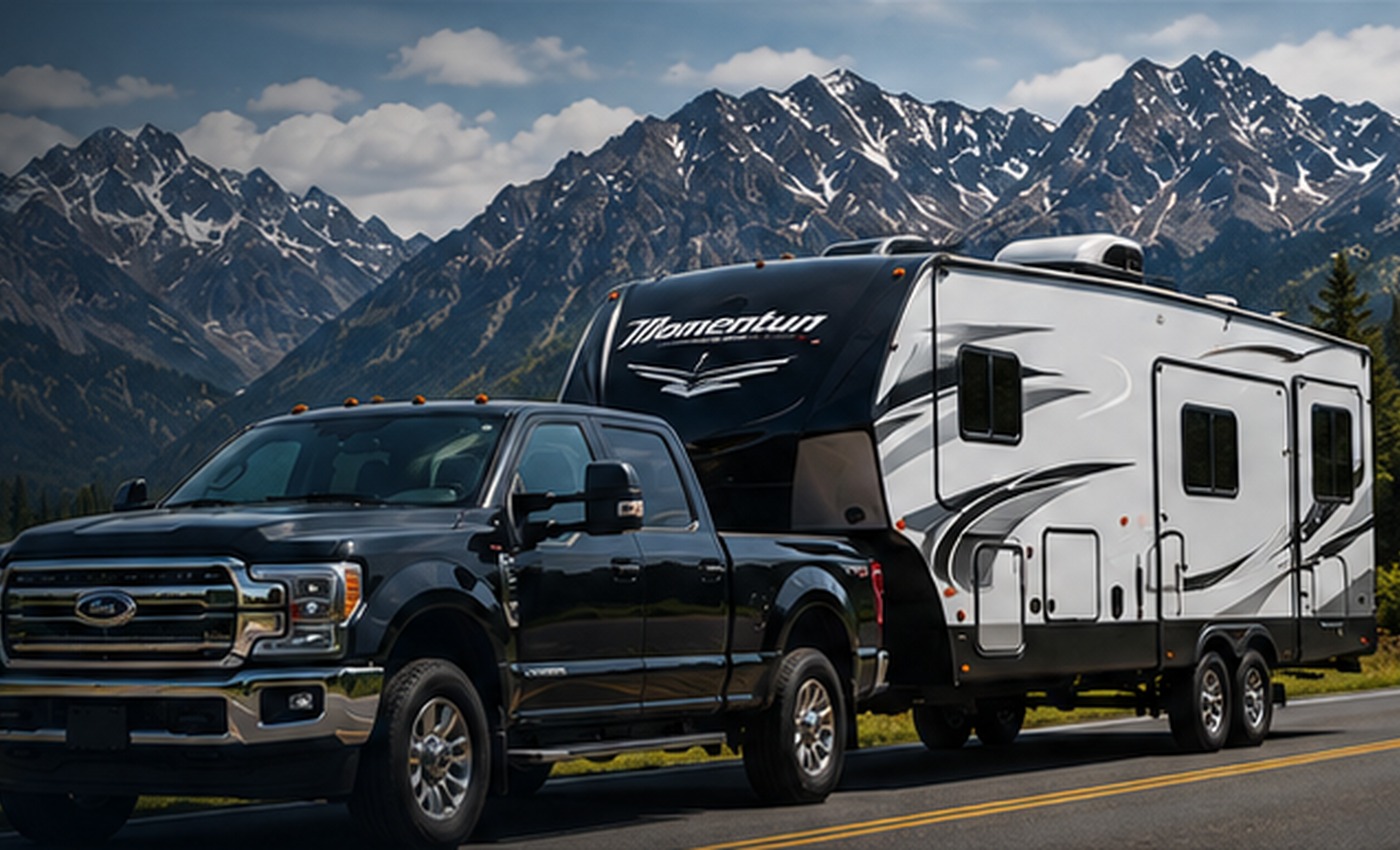 Pickup truck towing a fifth-wheel RV